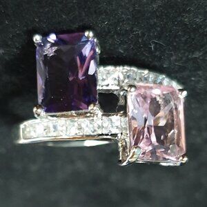 Elegant Purple & Pink Crystal Silver Tone Cocktail Ring – Size 9